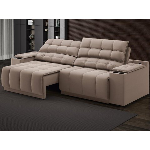 Sofá com Porta Copos Carregador Usb Ret Rec Samurai 2,50m Velosuede Marrom - Netsofas