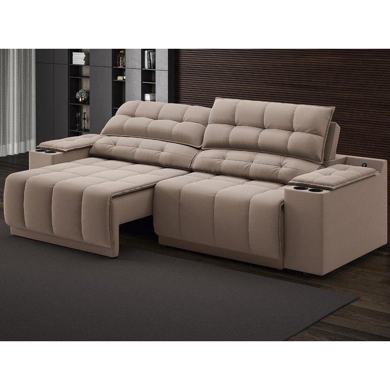 Sofá com Porta Copos Carregador USB Ret Rec Samurai 2,50m Velosuede Marrom - NETSOFAS