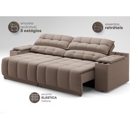 Sofá com Porta Copos Carregador USB Ret Rec Samurai 2,50m Velosuede Marrom - NETSOFAS - 5