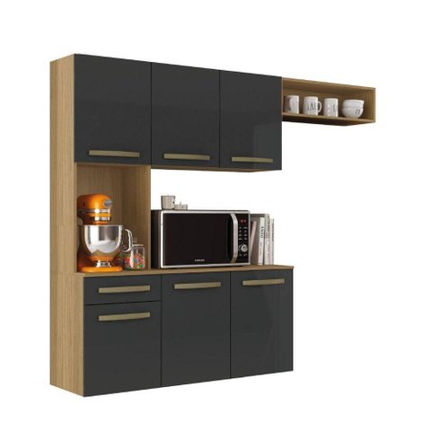 Armário de Cozinha Suspenso Luna 6 Portas 1 Gaveta MDF-MDP 165cm Amadeirado e Grafite Aramóveis