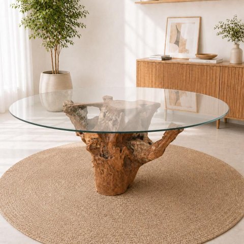 Mesa Jantar Redonda 6 Lugares 1,50m Base de Raiz Natural com Tampo Vidro Temperado Cor:Vidro Transl