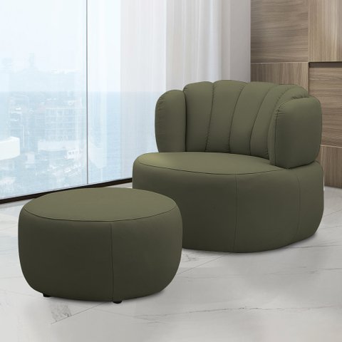 Conjunto Sala de estar Decorativo Mariele Poltrona Base Giratória em Aço com Puff Couro Fendi G88 - 