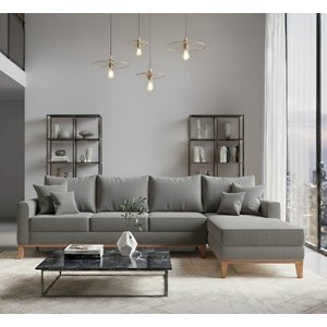 Sofá Beny com Chaise Direita, 2,60x1,40m, 4 Lugares, Linho, Base em Madeira.