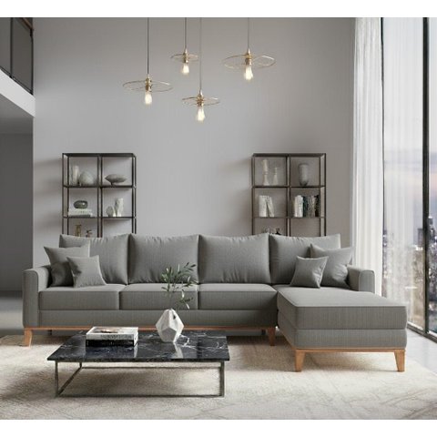 Sofá Beny com Chaise Direita, 2,60x1,40m, 4 Lugares, Linho, Base em Madeira.