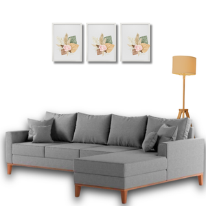 Sofá Beny com Chaise Direita, 2,60x1,40m, 4 Lugares, Linho, Base em Madeira. (cinza)