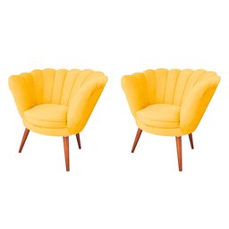 Kit 2 Poltronas Decorativas Pétala para Esmalteria Veludo Amarelo em Pés Palito Madeira Maciça - 1