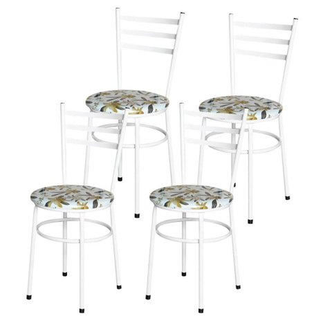 Conjunto 4 Cadeiras Epóxi Branca para Cozinha Assento Estampado Floral Orquídea