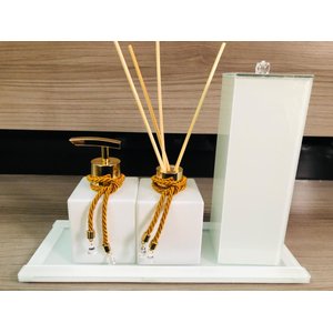 Kit Lavabo Pia Jogo Aroma Branco Dourado Porta Escova Casa