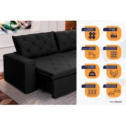 Sofá Cama Retrátil Reclinável 3,00m Bangkok Suede Velut Preto Molas no Assento - King House - 3