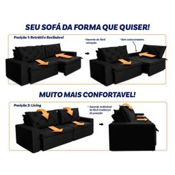 Sofá Cama Retrátil Reclinável 3,00m Bangkok Suede Velut Preto Molas no Assento - King House - 4
