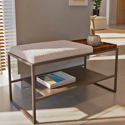 Banco Sapateira Estofado 2 Lugares Vale Branco Spring Nuvem/Nogueira/Bronze