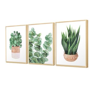 Kit 3 Quadros para Decoração Plantas Folhagem Sala Cozinha