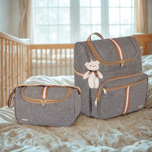 Kit Bolsa Maternidade Mochila 2 em 1 e Bolsa Pequena Infantil Luxo Amor:bege