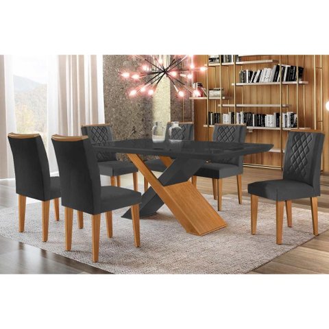 Sala de Jantar Completa Imperatriz Tampo Madeirado C/ Vidro Canto Curvo 180x90 e 6 Cadeiras Jade
