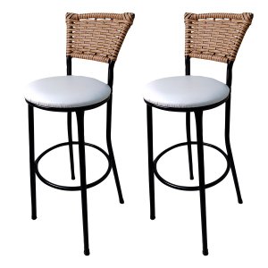 Kit 2 Banquetas Alta Encosto Junco Fendi Assento Branco 