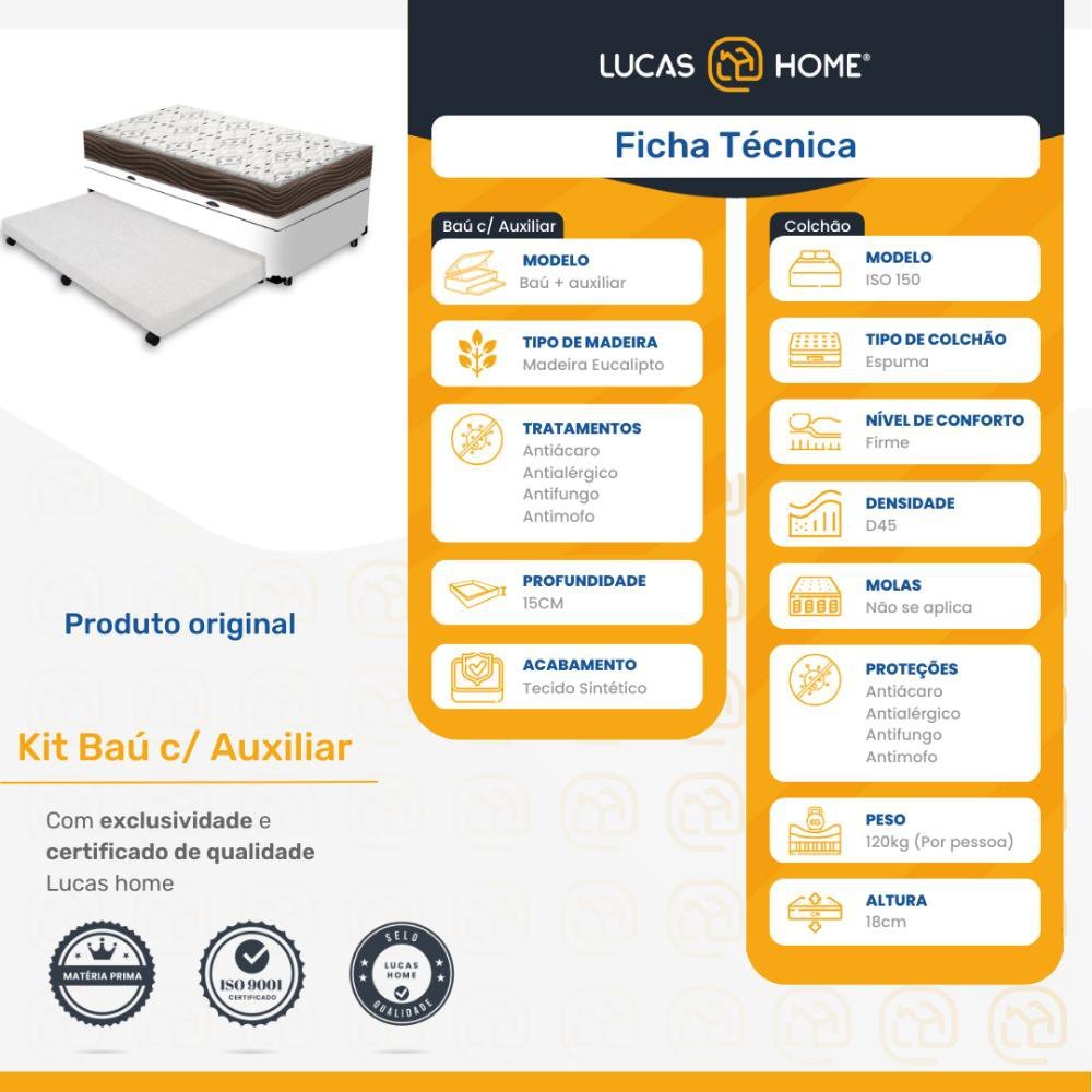 Cama Box Baú e Auxiliar Solteiro + Colchão de Ortobom D45 Iso 150 88cm - 2