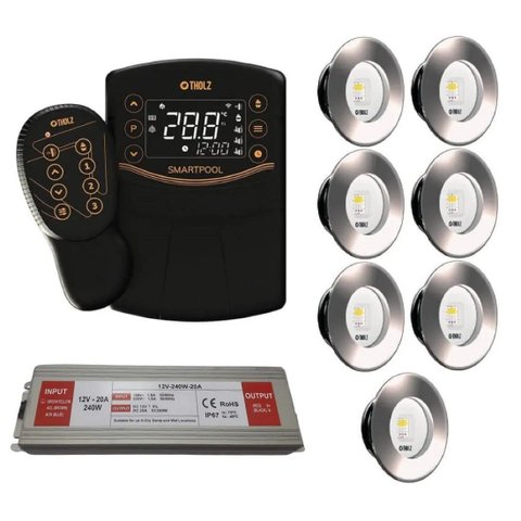 Kit 7 Led Slim Rgbw 15w Inox Piscina Tholz + Smartpool + Fonte