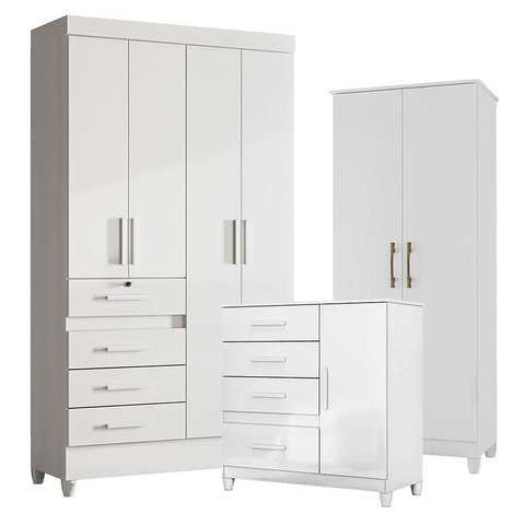 Guarda Roupa Infantil Sobral com Cômoda Vênus com Pés e Armário Multiuso Jade Branco Brilho – Moval