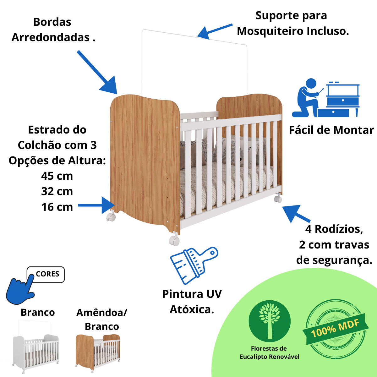 Quarto de Bebê Completo com Guarda Roupa 3 Portas Berço Americano Cômoda Uli 4 Gavetas 100%mdf - 3