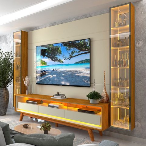 Rack com Painel para TV até 84 Polegadas com LED 100% MDF 293CMX238CM Pés em Madeira Maciça Espelhos Luminare Requinte
