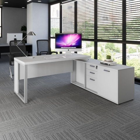 Mesa em L com Armário Lateral para Escritório Mesa Dinâmica Industrial 3 Gavetas Cinza F5 Office