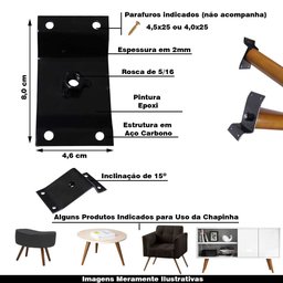Kit 16 Chapinhas Chapa Inclinada 15º Fixação Pés Palito Rosca 5/16 Preto - 2