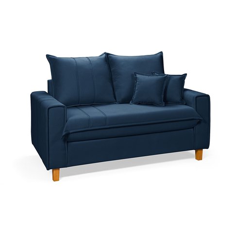 Sofa Living com Bau Multiuso 2 Lugares Suede Pes em Madeira: Azul Marinho