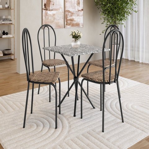 Conjunto Sala de Jantar Mesa Quadrada 70cm Tampo Granito com 4 Cadeiras Leia Preto/Rattan/Ocre