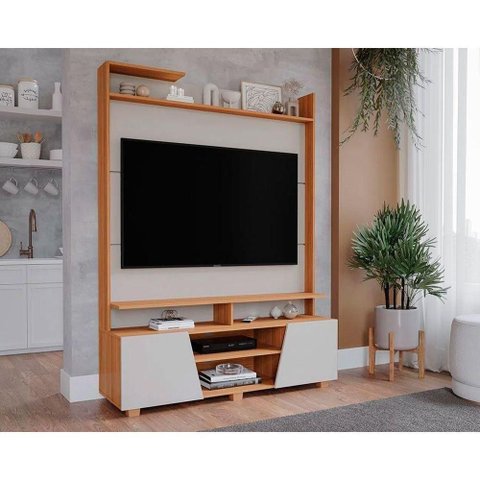 Rack Bancada C/ Painel P/ Tv até 55 Pol Master 2 Prateleiras e Pés 135x183cm Off White/nature -