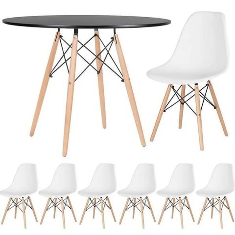 Conjunto de Mesa de Jantar Eames Eiffel Redonda 110cm Tampo de Madeira Preto com 6 Cadeiras Brancas