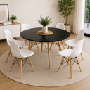 Ver imagem 1 de Conjunto de Mesa de Jantar Eames Eiffel Redonda 110cm Tampo de Madeira Preto com 6 Cadeiras Brancas