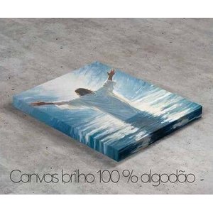 Quadro Decorativo Jesus Cristo sobre As Águas Moldura Flutuante Preta Canvas Brilho