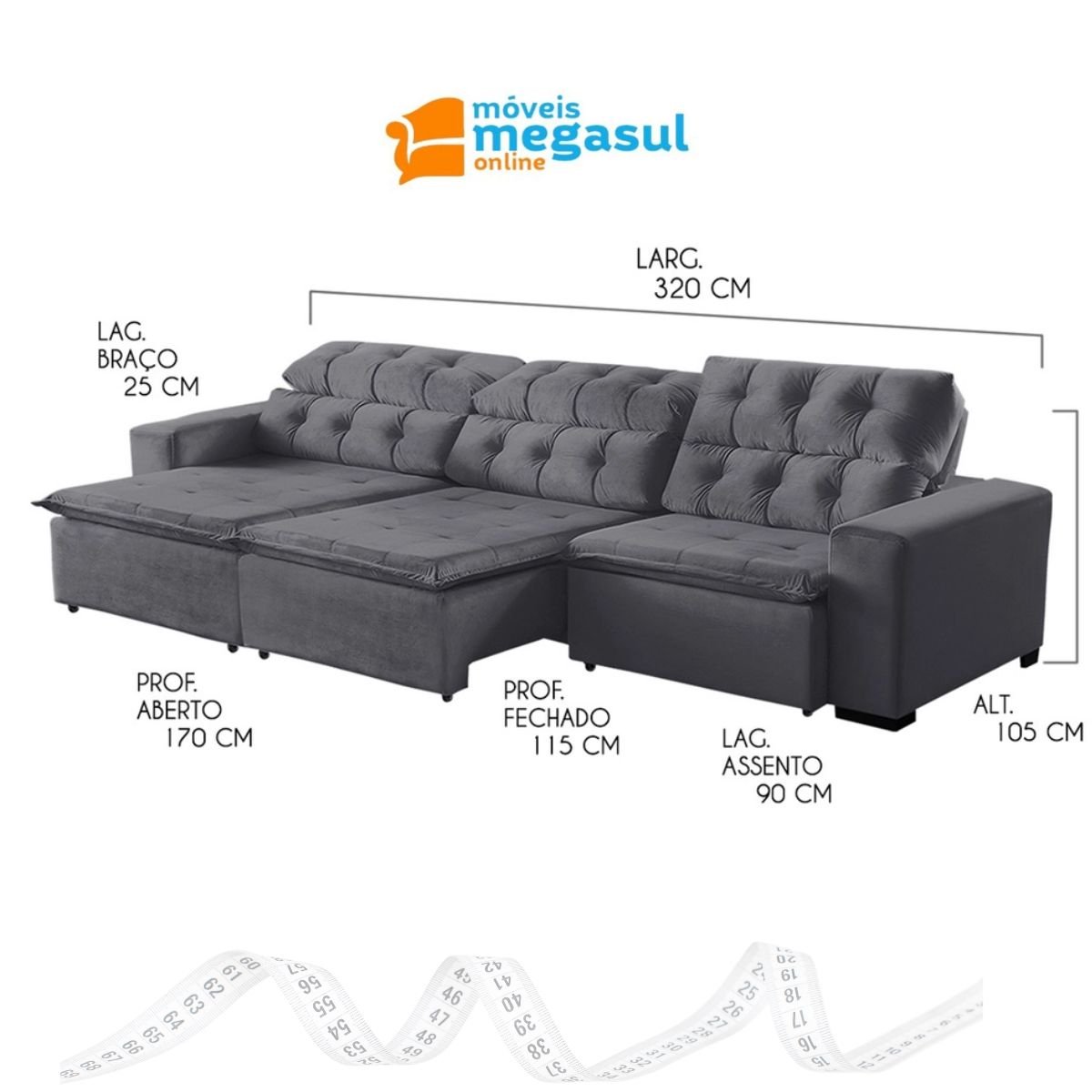 Sofá Retrátil Reclinável 6 Lugares 320cm com Pillow Veludo Cinza Alasca Megasul - 3