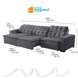 Sofá Retrátil Reclinável 6 Lugares 320cm com Pillow Veludo Cinza Alasca Megasul - 3