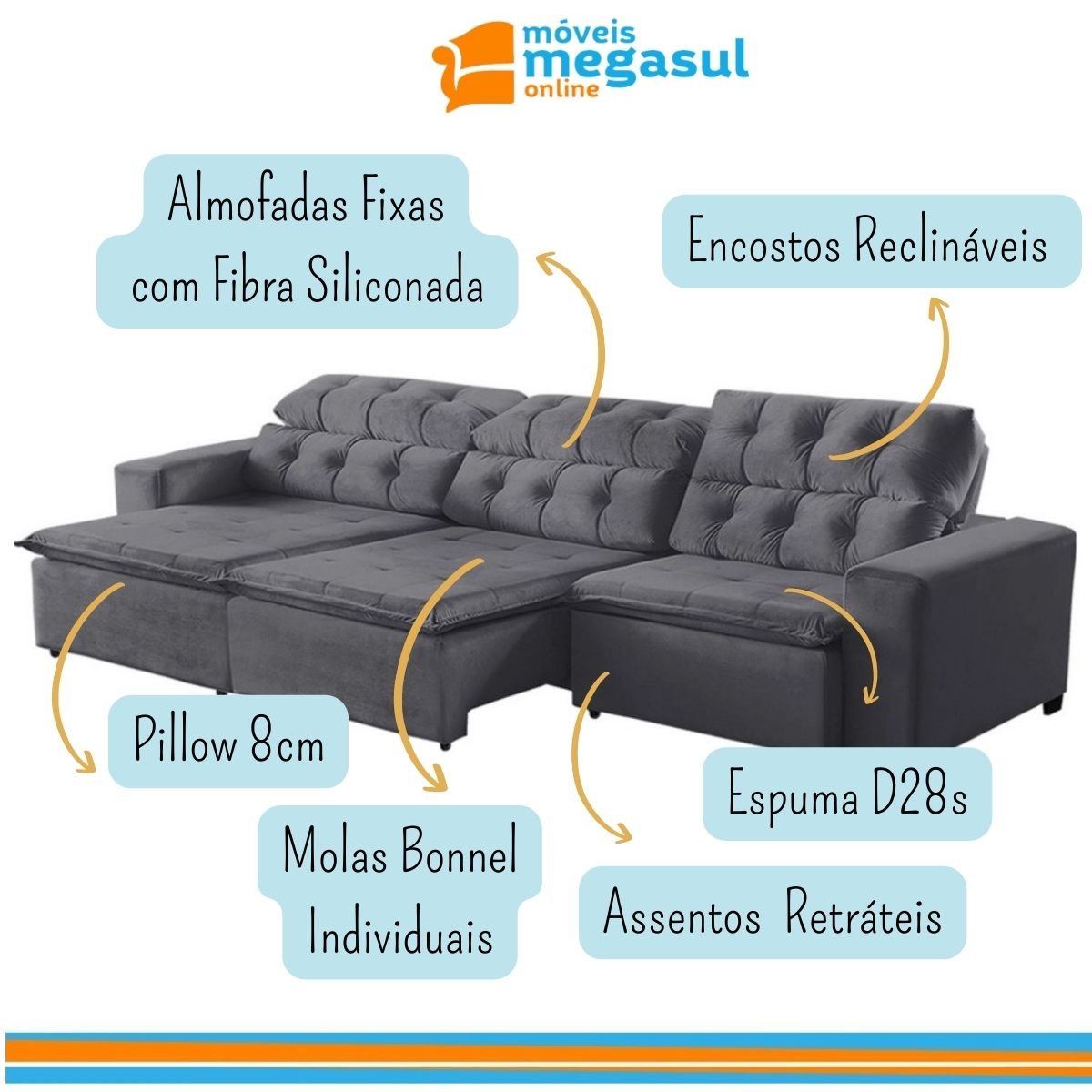 Sofá Retrátil Reclinável 6 Lugares 320cm com Pillow Veludo Cinza Alasca Megasul - 4