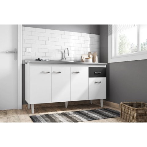 Balcão de Cozinha Gabriela 150cm Branco/Preto S/Tampo - AJL Móveis