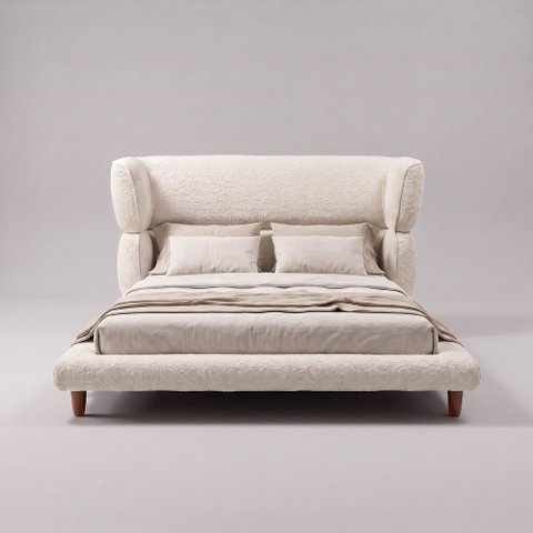 Cama Box Base Casal com Cabeceira Mochi 138x188 Estofada Orgânica Japonesa Bouclê Creme - Desk Desig