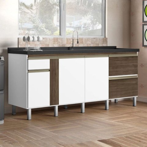 Gabinete Cozinha Armário Pia 174cm Portas e Gavetas 100% MDF: Avelato/Branco