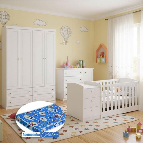 Quarto Infantil Americano 4 Portas e Berço Multifuncional Atlanta Ambiente Branco Fosco com Colchão 
