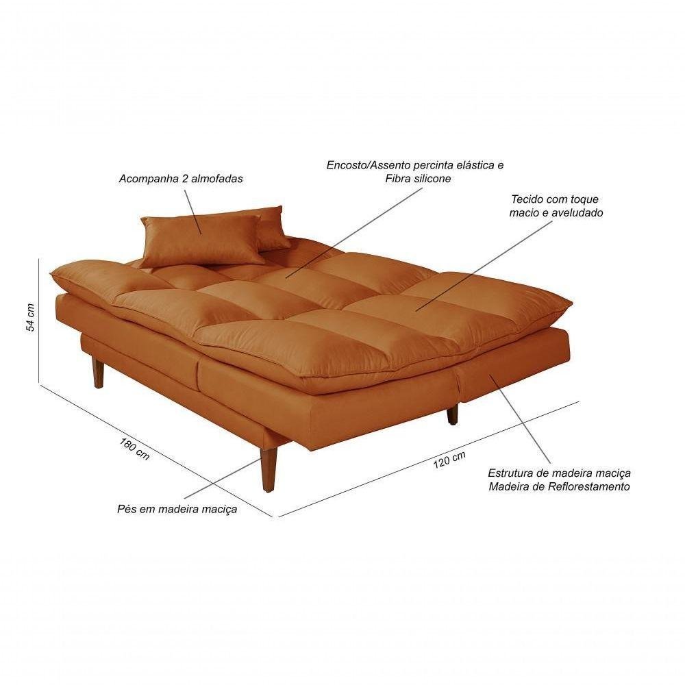 Sofá Cama Vancouver 3 Lugares Império Reclinável Casal Pés Madeira Suede Terracota 174 - 6