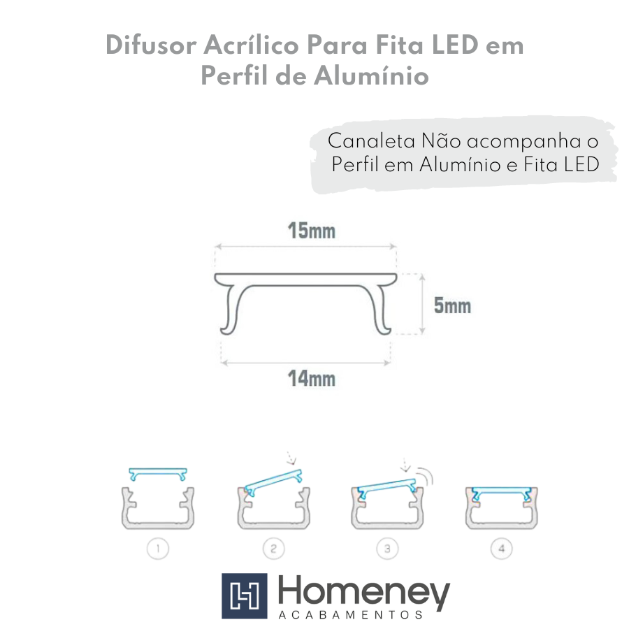 Canaleta Perfil Acrílico Leitoso Difusor para LED 15mm - Homeney Fumê 3m - 5