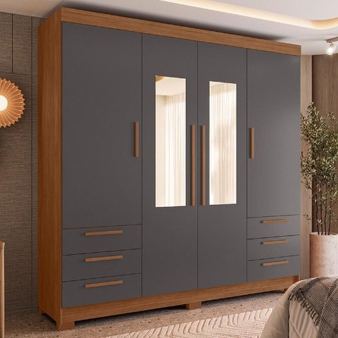 Guarda Roupa Casal 192cm 4 Portas com Espelho Itajaí Jatobá/Grafite S01 - Mpozenato