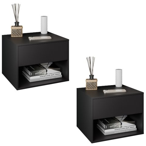 Kit 2 Mesas de Cabeceira Suspensa de Fixar na Parede 1 Gaveta e Nicho- Preto - Lh Móveis