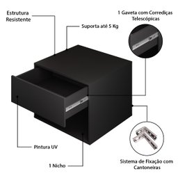 Kit 2 Mesas de Cabeceira Suspensa de Fixar na Parede 1 Gaveta e Nicho- Preto - Lh Móveis - 8