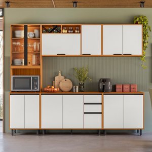 Cozinha Modulada Ravena 260cm Paneleiro/Cristaleira com Led -  Freijó UV/Off Acetindo Poliman