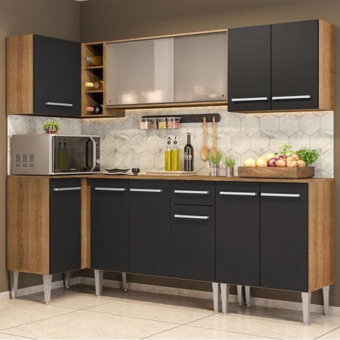 Armário de Cozinha Completa de Canto 293cm Rustic/Preto Emilly Point Madesa 03