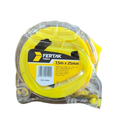 Trena Fita Métrica Transparente 7,5m X 25mm com Presilha para Cinto e Alça | Fertak