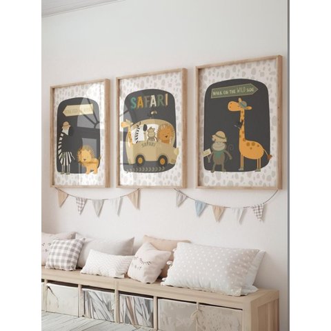 Kit 3 Quadros Decorativos Infantil Animais Safari No3