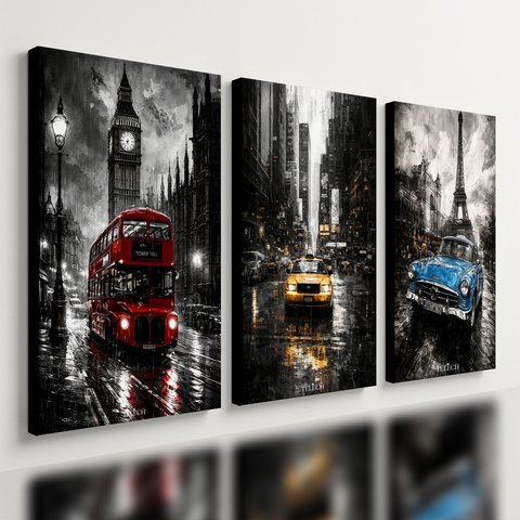 Kit 3 Quadro Decorativo Paris Londres Nova York Cidade Chuva 40x28cm