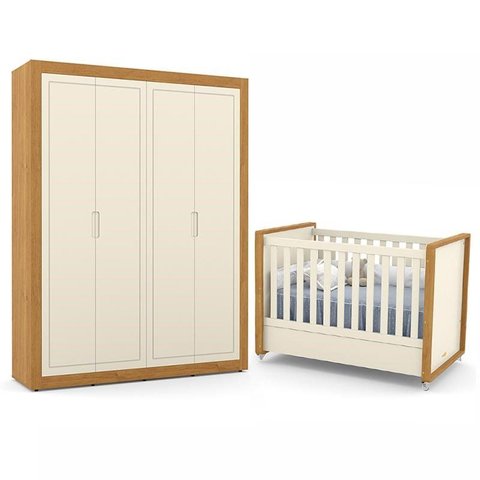 Jogo de Quarto Infantil com Guarda Roupa 4 Portas e Berço Tutto New Off White/freijó - Matic Móveis